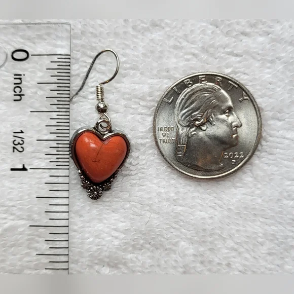 Western Coral Orange & Silver Dangle Heart Earrings  / Pierced - Picture 5 of 5